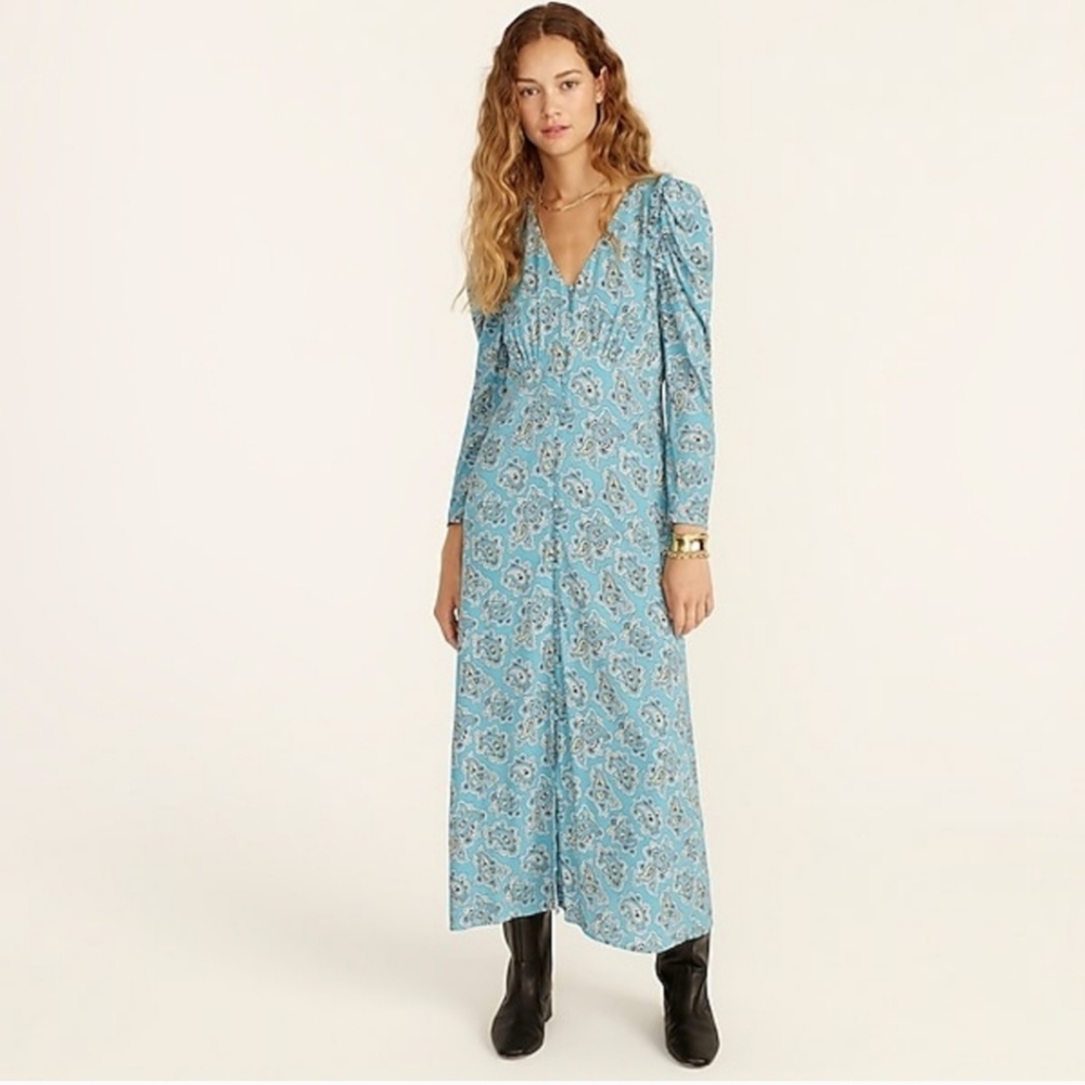 J.Crew sz 24 Drapey Puff-Sleeve Maxi Dress in Blue Paisley Bunch Print